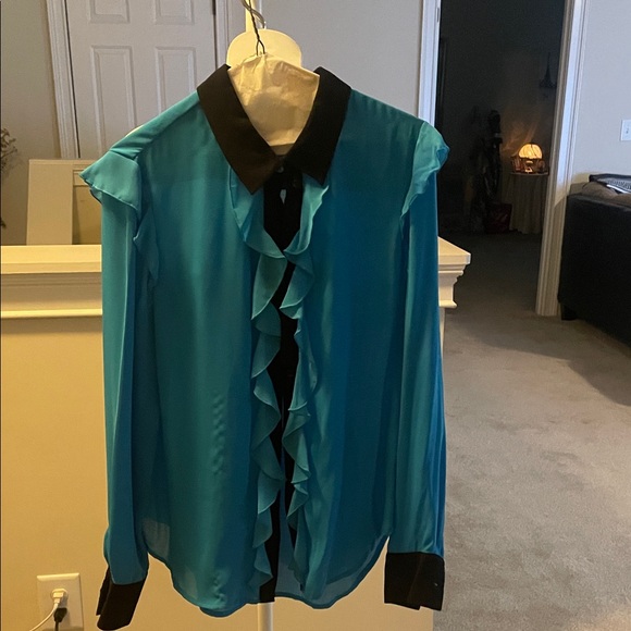 Prabal Gurung Teal and Black Ruffle Blouse - Picture 1 of 4
